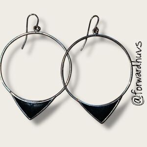Silver Tone Hoop Earrings – Black Triangle Accent – 2” Dangle – Hook Back